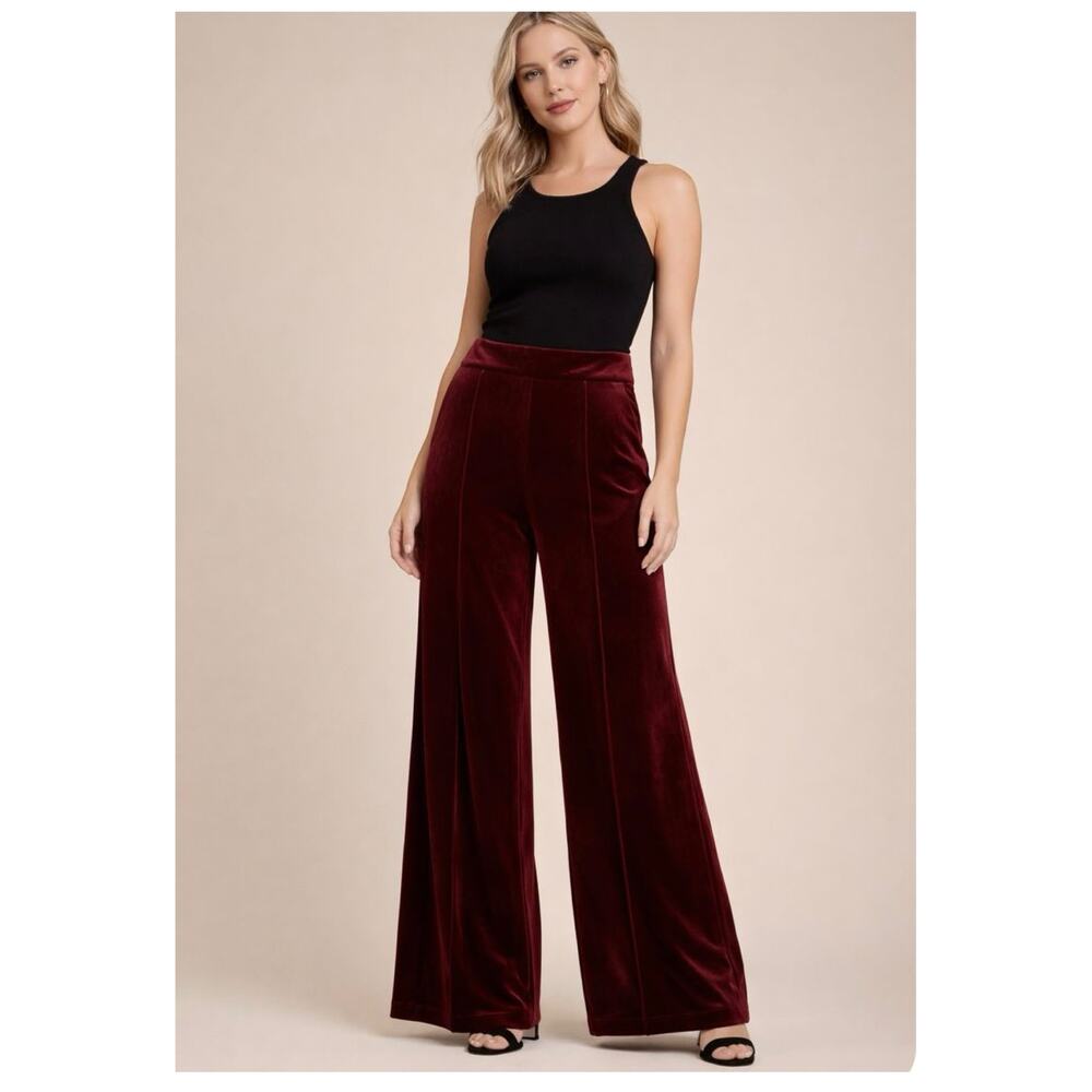 I.N.C. International Concepts Burgundy Red Pintuck Velvet Wide Leg Pants Size S - Picture 1 of 12
